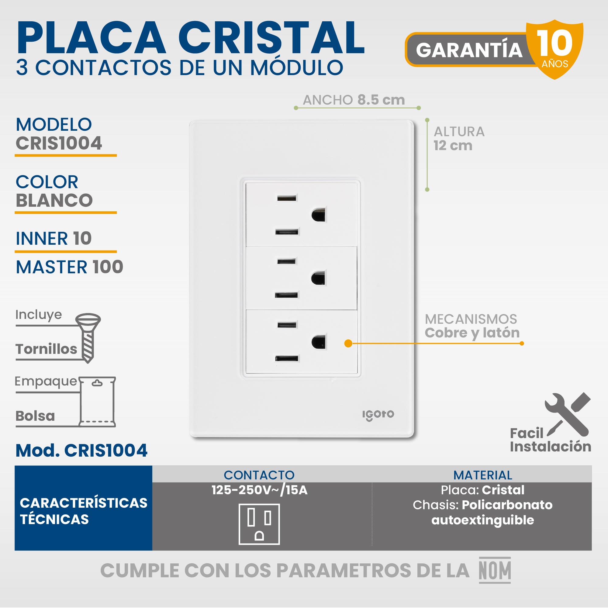 10 Placas armada cristal con 3 contactos sencillos de 1 módulo color blanco