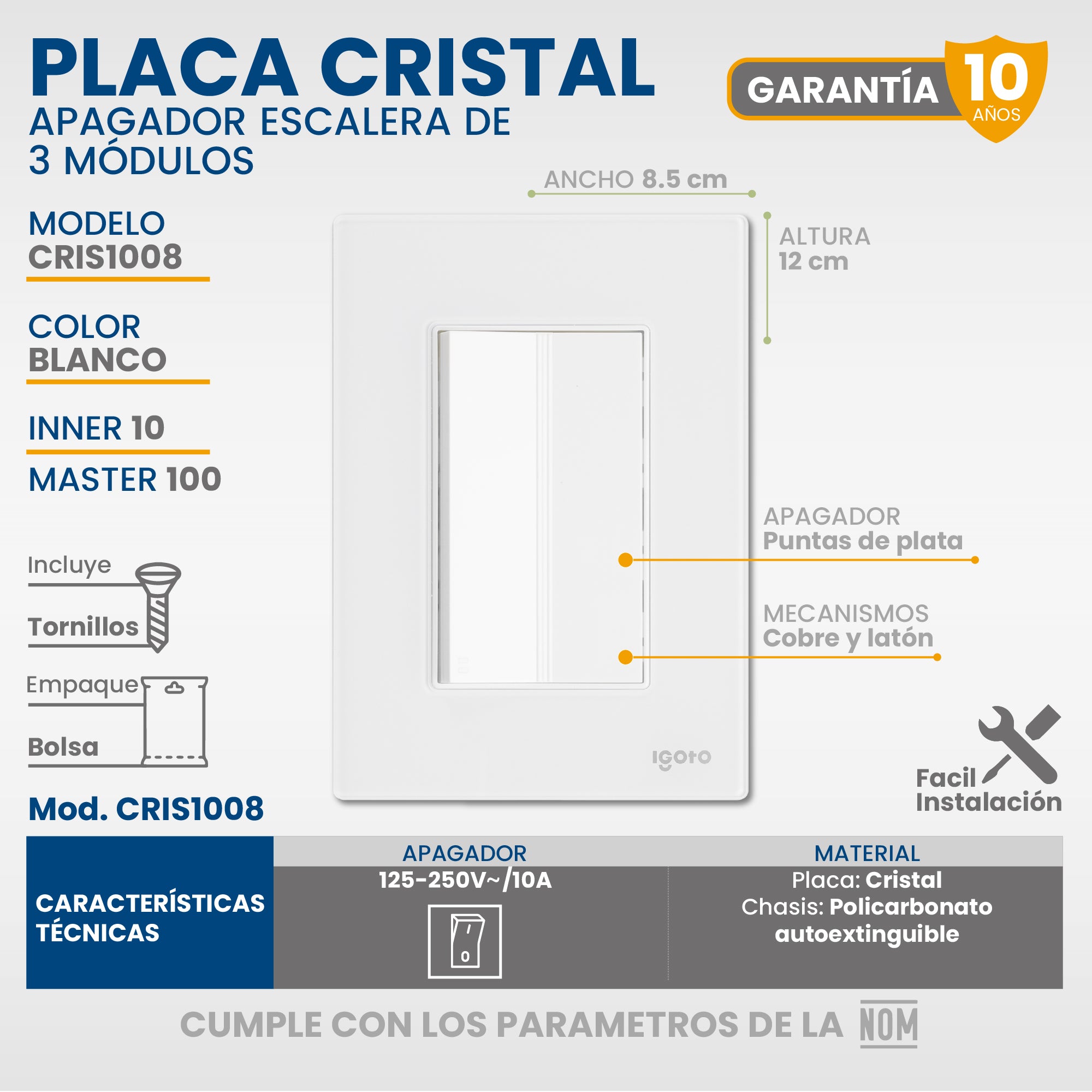 10 Placas armada cristal con  1 apagador escalera de 3 módulos  color blanco