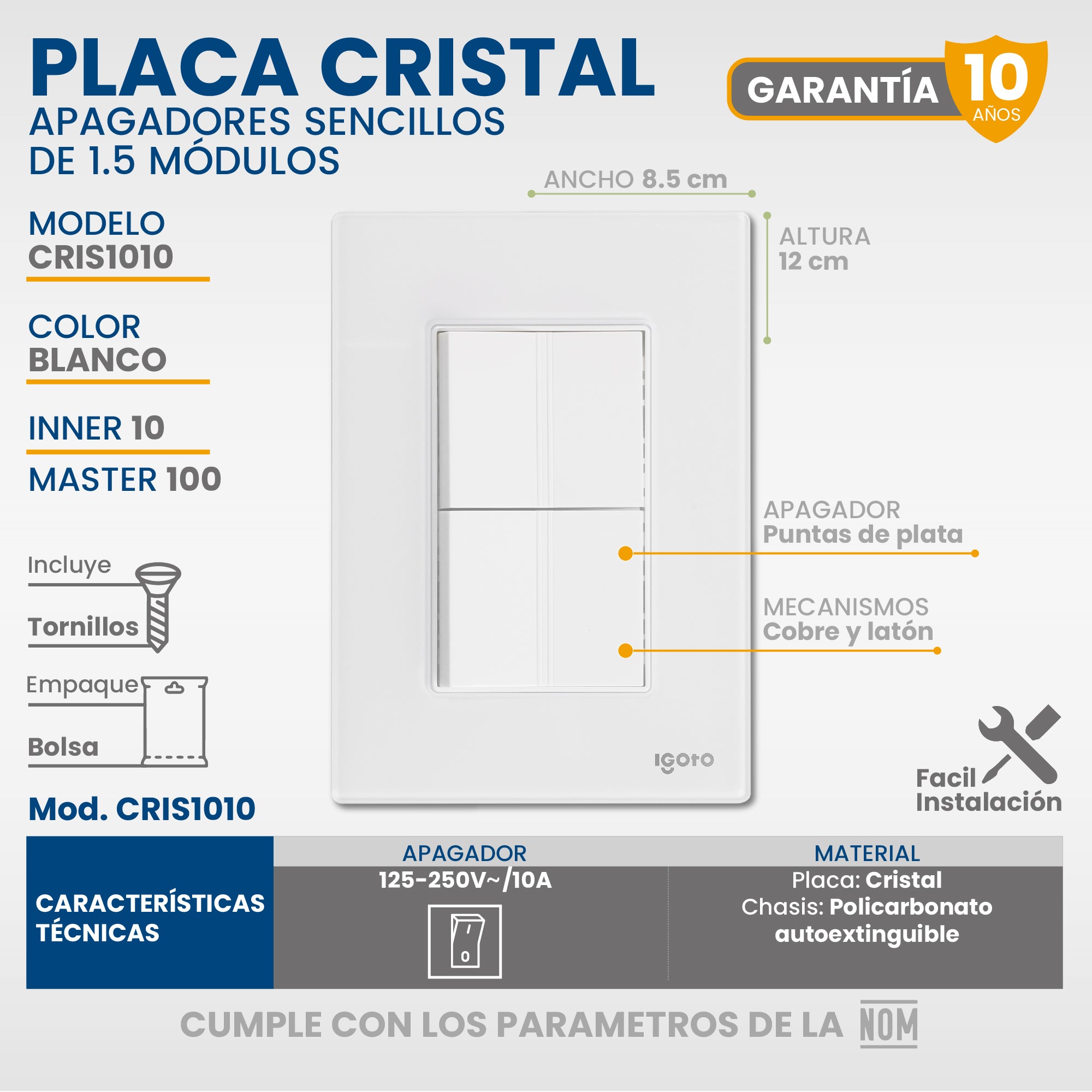 10 Placas armadas Cristal con 2 apagadores sencillos de 1.5 módulos color blanco