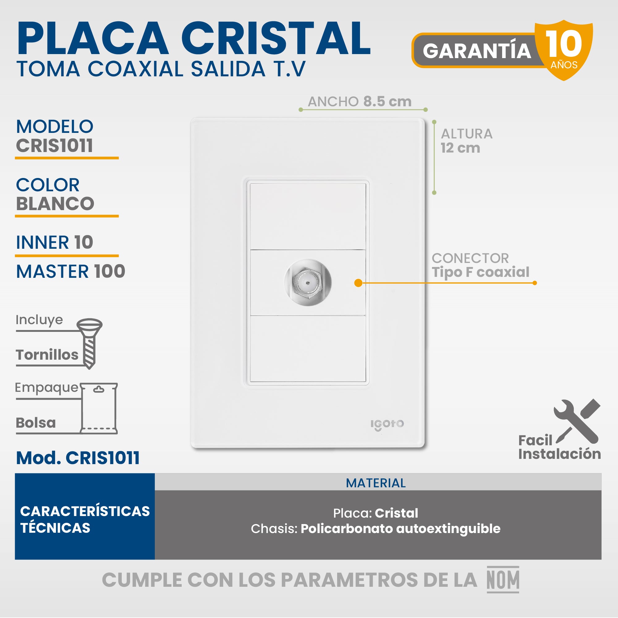 10 Placas Armada Cristal Mecanismo Toma Coaxial Salida T.v. Color Blanco Corriente Nominal 15 A Voltaje Nominal 125v