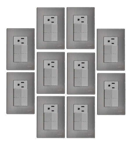 Pack 10 Placa Con 2 Apagadores Sencillos. 1 Contacto De 1 Color Plata