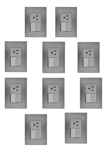 Pack De 10 Placa Armada Con 1 Apagador Escalera Y 1 Contacto Color Plata