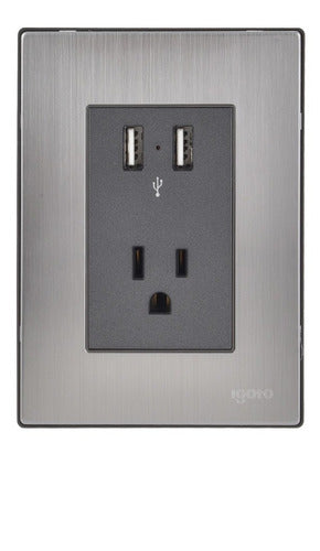 PAQUETE DE 10 PLACAS ARMADAS Con 2 Mecanismos De Toma Usb Y 1 Contacto Color Oxford Y Plata