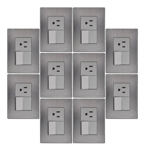 10pack Placa De 1 Apagador Y 1 Contacto De 1.5 Módulo Color Plata