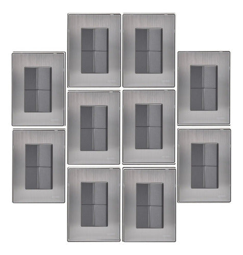 Placa Inox, 2 Apagadores Sencillos De 1.5 Módulos, 10 Pzas