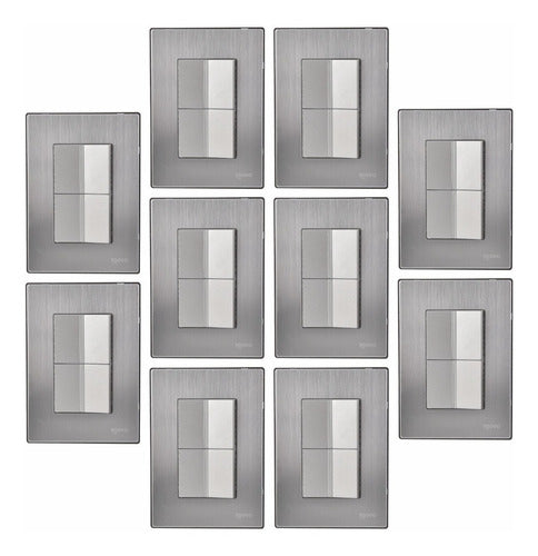 Placa Inox, 2 Apagadores Sencillos De 1.5 Módulos, 10 Pzas