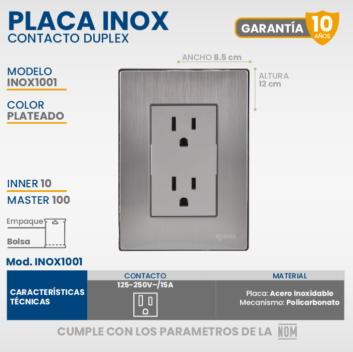 Pack de 10 Placa Armada Inox Con Contacto Dúplex Plata