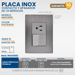 KIT 10 Placas Armada Igoto Inox 1 Apag Sencillo Y 1 Contacto De 1.5 Co