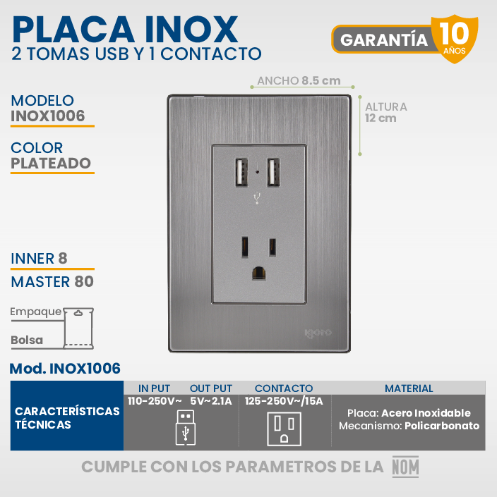 PAQUETE DE 10 PLACAS ARMADAS Con 2 Mecanismos De Toma Usb Y 1 Contacto Color Oxford Y Plata