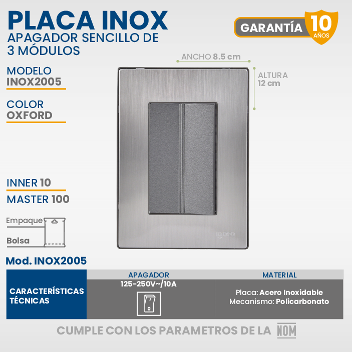 10 Placas Armada, Con 1 Apagador Sencillo De 3 Módulos, Inoxidab Color Oxford INOX2005