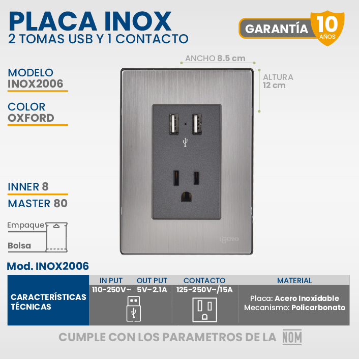 PAQUETE DE 10 PLACAS ARMADAS Con 2 Mecanismos De Toma Usb Y 1 Contacto Color Oxford Y Plata